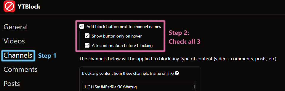 YTBlock Options Configure Channels