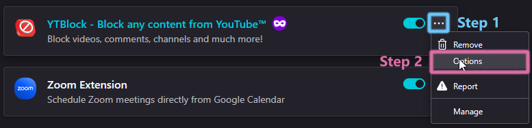YTBlock Options Firefox Dropdown