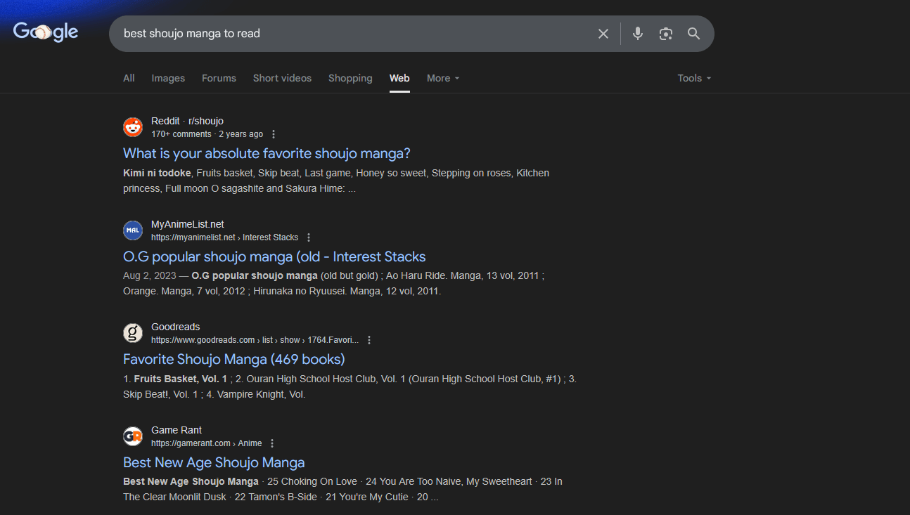 Search results from traditional Google Search