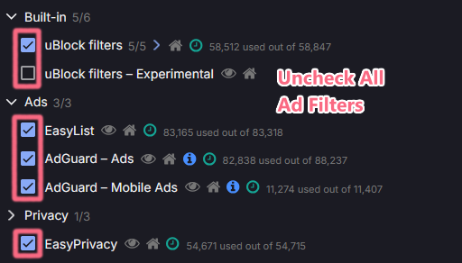 Disable Ad Filters