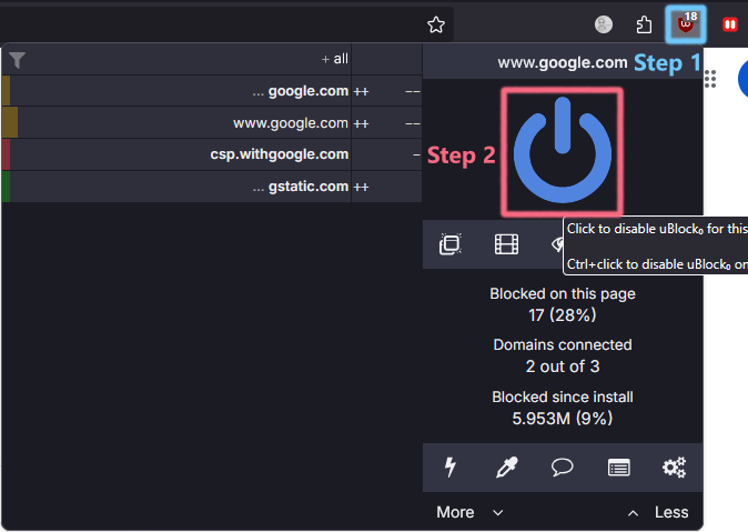 Disable uBlock Single Site