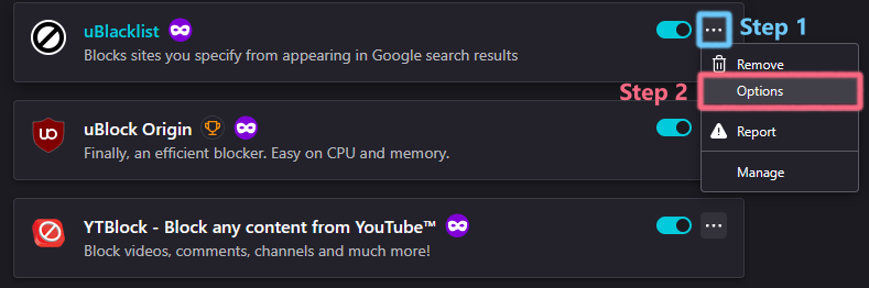 YTBlock Options Firefox Dropdown